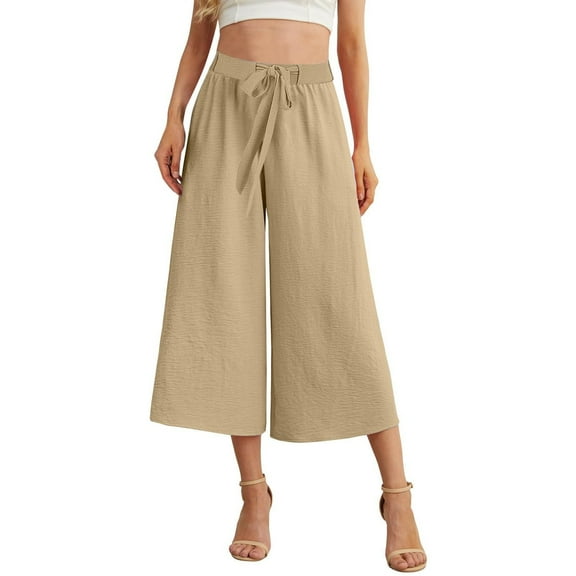 UAMVSH Palazzo Capri Pants for Women Baggy Summer Beach Vacation Tie Knot Wide Leg Cropped Pants Slack High Waist Casual Flowy Capris