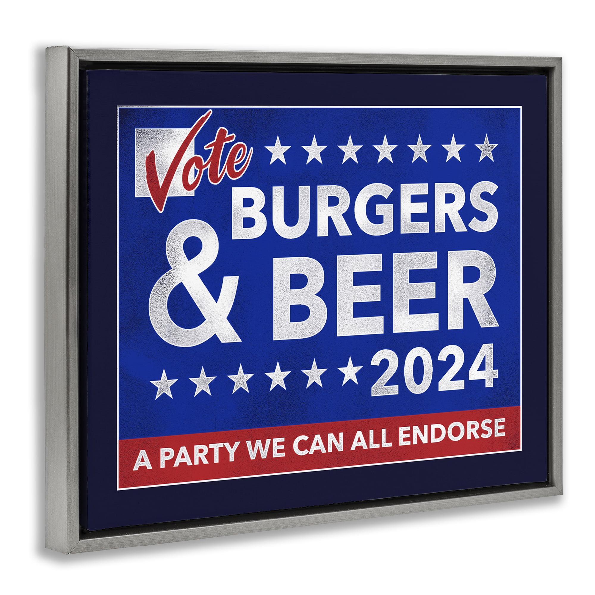 Stupell Industries Burgers & Beer Vote Food & Beverage Painting Gray Floater Framed Canvas Art Print Wall Art, 31 x 25