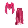 thumbnail image 2 of Doomiva Women's Belly Dance Dress Set Belly Tulle Flare Sleeve Crop Top with Chiffon Dance Skirt Hot Pink One Size, 2 of 7