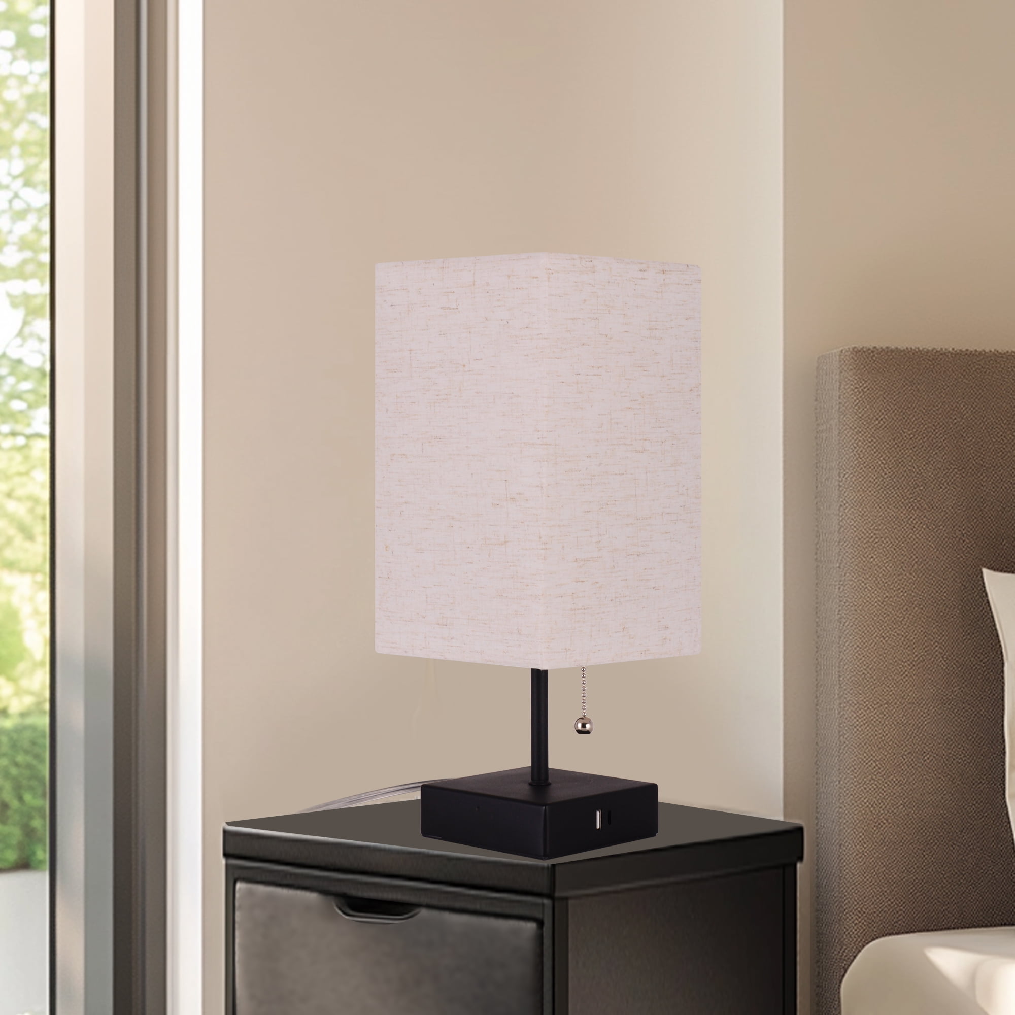Mainstays Modern Table Lamp with Beige Fabric Shade and Dual USB Charging Ports