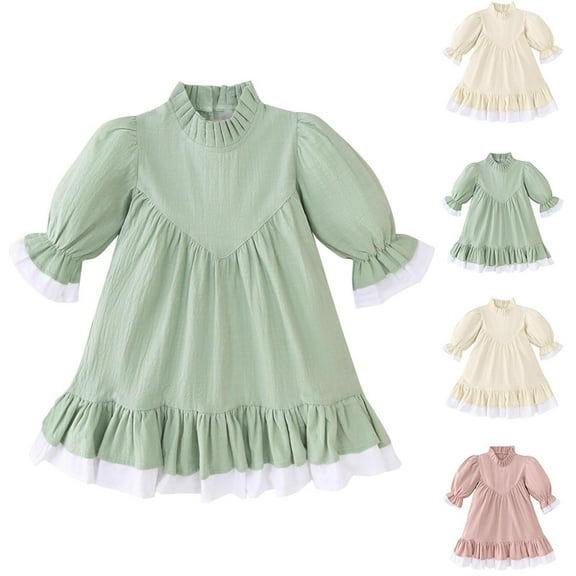 Antinious Girls Frock Dress Princess Dress Solid Long Sleeve Crew Neck Dress,Toddler Girls Outer Dress,Kids Party Dress,Green,120