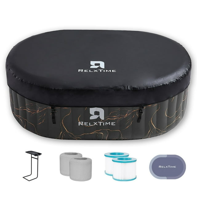 RELXTIME Inflatable Hot Tub Oval 2 Person Outdoor Portable Spa with Drink Tray, LED Light,Black
