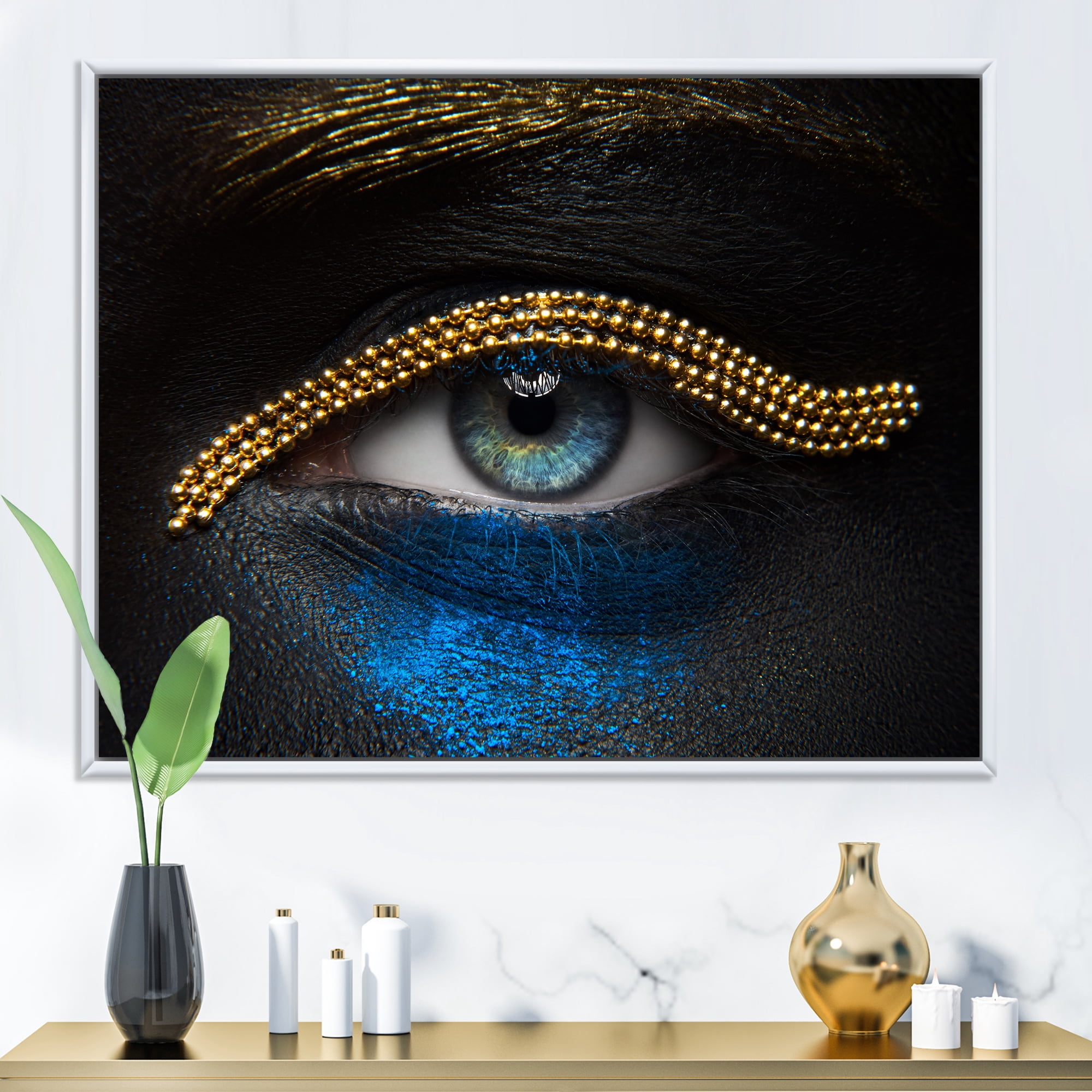 Designart 'Girl Eyes With Gold Chain and Blue Pigment' Modern Framed Canvas Wall Art Print