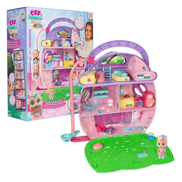 playset cry babies magic tears mega house de dreamy para mayores de 25 años Nueva mega casa multicolor de 3 pisos y 5 habitaciones (1.6 ft de ancho x 1.8 ft de alto) que muestra dormitorio con cama, baño, cocina equipada, sala y área exterior verde; incluye muñeca exclusiva, más de 25 accesorios, ascensor y hamaca, horno que activa luces y sonidos, espejo y maceta que reaccionan a las lágrimas Magic Tears; vista 3/4 abierta con la caja del producto al fondo.