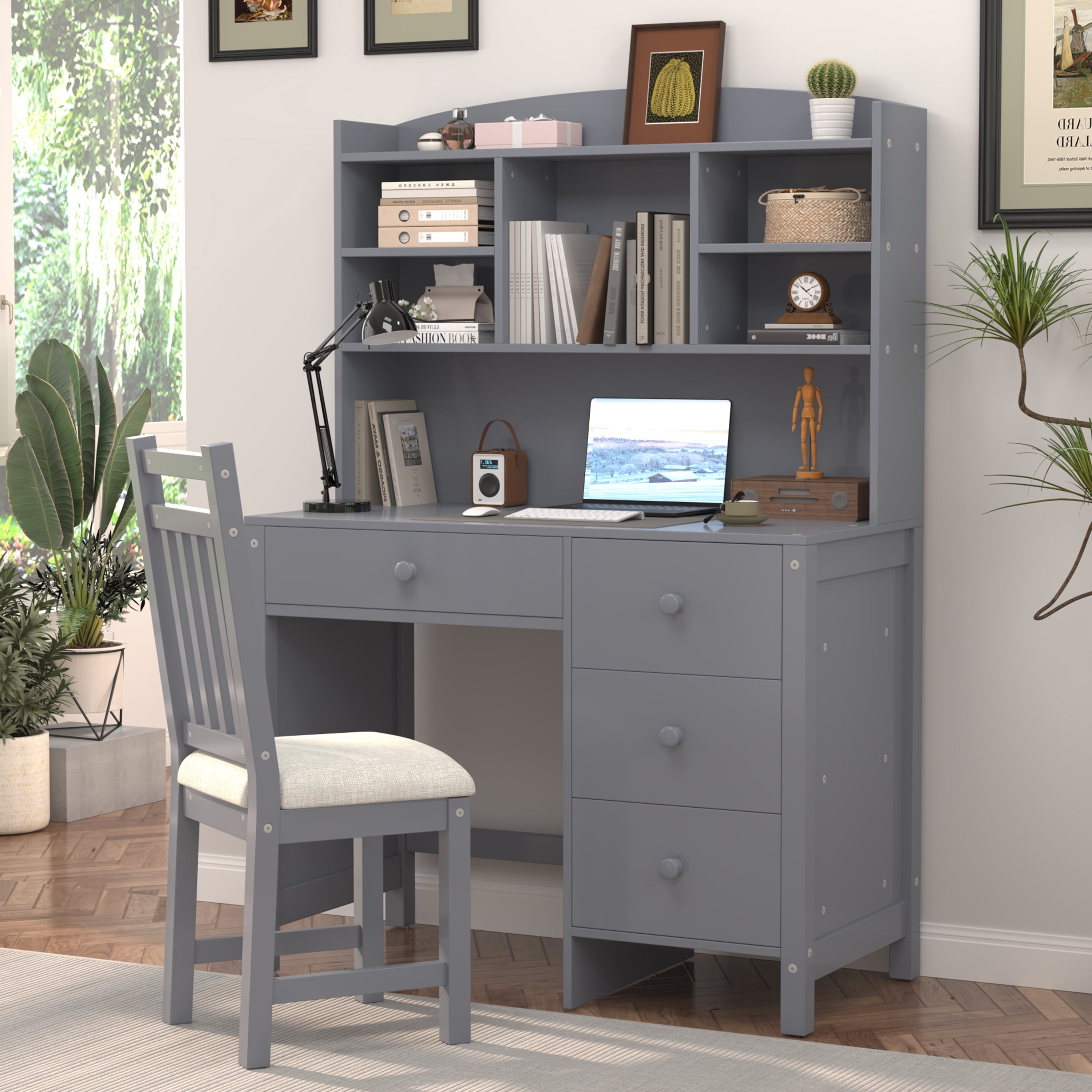 Euroco Vintage 40'' Home Executive Desk and Upholstered Chair Set with Bookshelf, Computer Desk with Four Drawers, Storage Shelf, and Chair