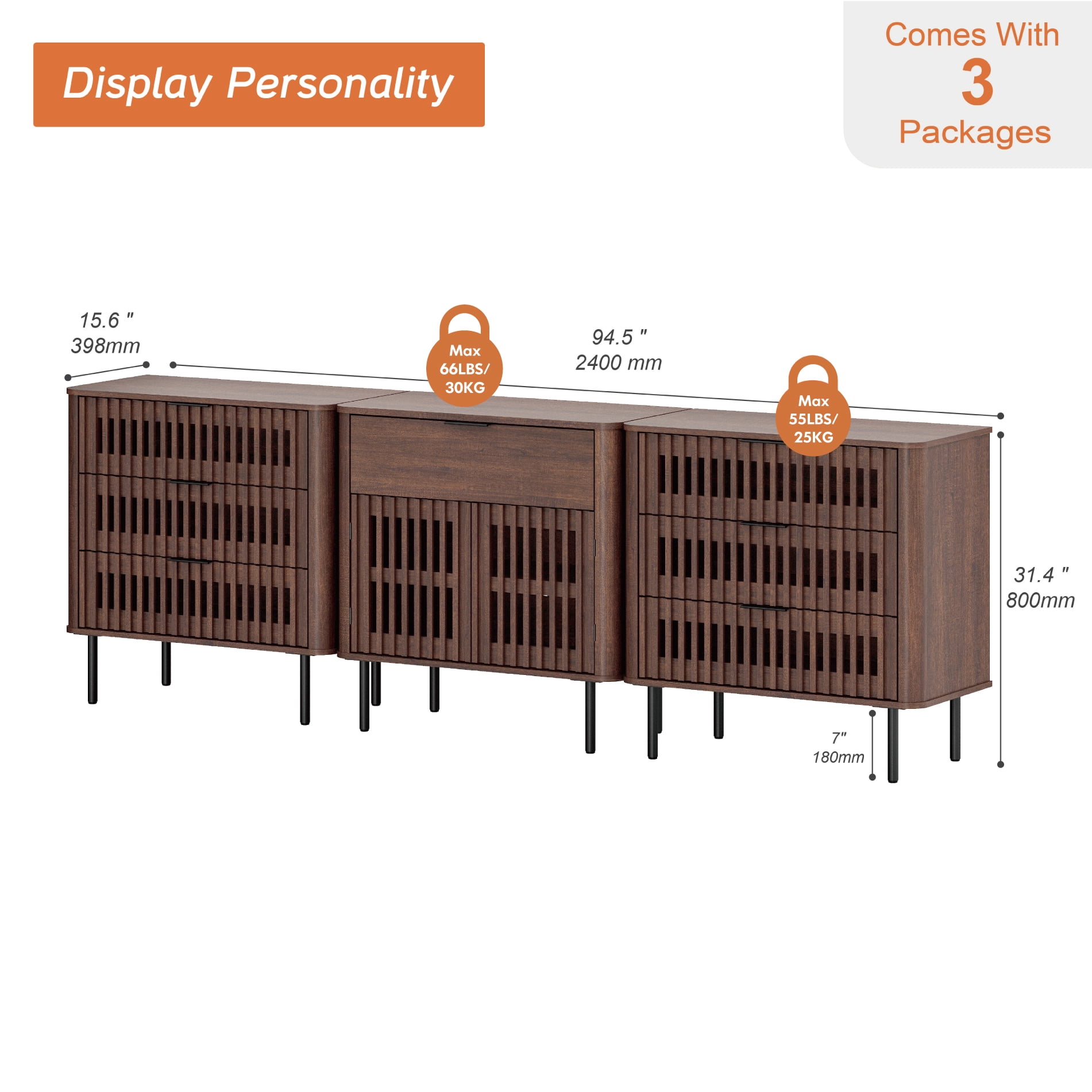94.5 Inch Large Fluted Buffet Cabinet Sideboard with Storage, Pop-Up Doors & Adjustable Shelf, Wood Modern Accent Coffee Bar Console Table with Drawers for Kitchen, Living Room, Walnut
