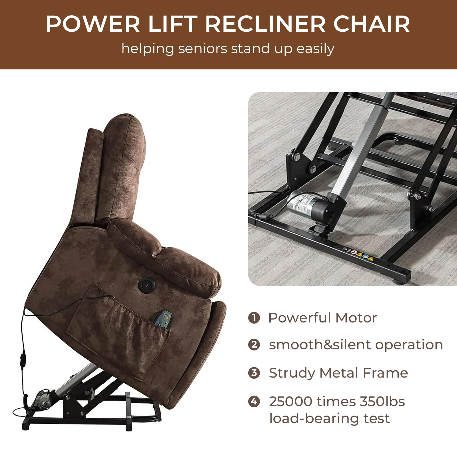 Ebello Large Power Lift Recliner Chair with Heat Massage, USB Ports - Ergonomic Recliner Chair for Elderly, Dark Brown