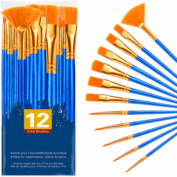 Acrylic Paint Brush Set - 1 Packs / 12 pcs Nylon Hair Round-Pointed Tip Paint Brushes for Watercolor, Ink, Gouache, Oil, Tempera 12 Sizes All Purposes for Kids Adult Arts Painting