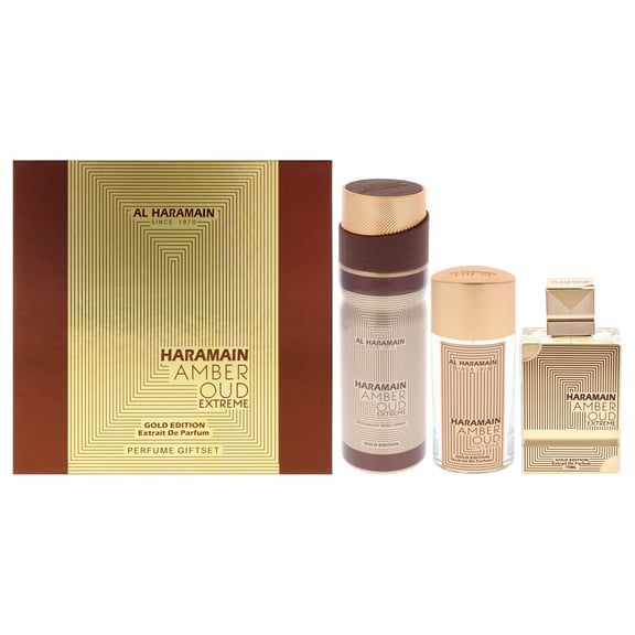 Al Haramain Amber Oud - Gold Edition Extreme , 3 Pc Gift Set 2.5oz Extrait De Parfum Spray, 1oz Extrait De Parfum Spray, 6.6oz Body Spray