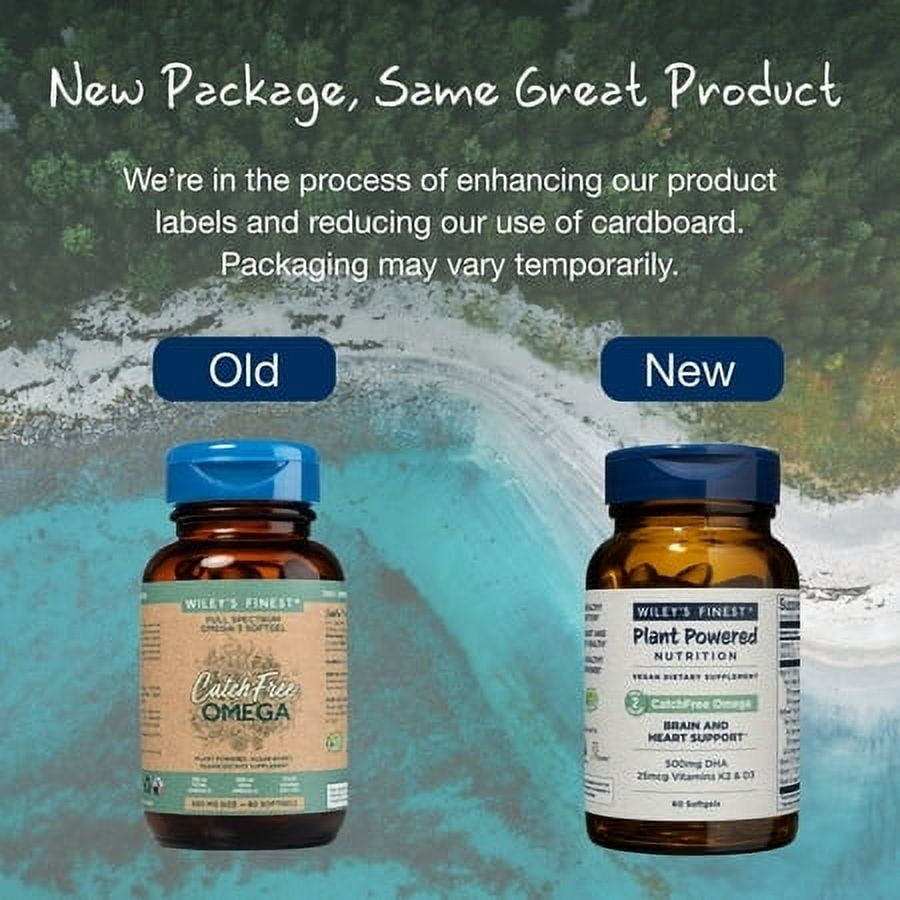 Wiley’s Finest CatchFree Omega - Vegan, Non-GMO Fish Oil Alternative - Full Spectrum Omega-3 Liquid Supplement with Organic Plant-Based Algae Oil - 60 Softgels (60 Servings)
