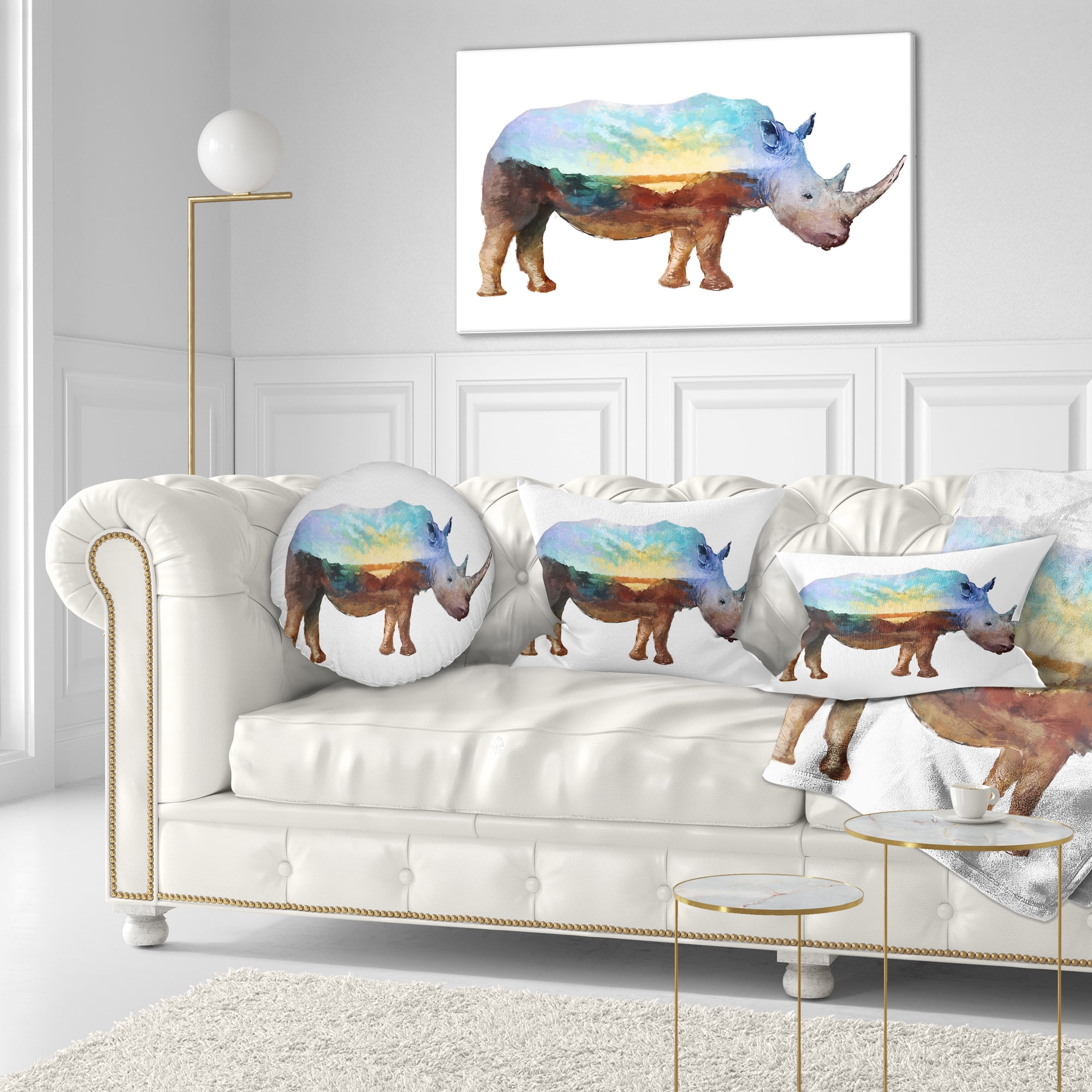 Designart Rhino Double Exposure Illustration - Animal Throw Pillow - 12x20