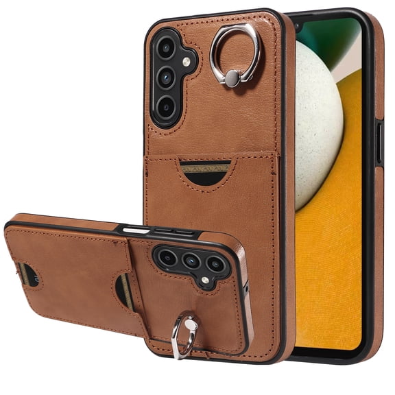 Classic Wallet Case Compatible with Samsung Galaxy A15 for Men Women, with 360° Rotation Finger Ring Kickstand PU Leather Shockproof Phone Cover with Card Slot for Galaxy A15, Brown