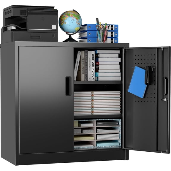 Metal Storage Cabinet with Pegboard, Lockable Rolling Steel Storage Cabinet with 2 Adjustable Shelves and Door for Garage, Office, Kitchen, Assembly Required(Black)