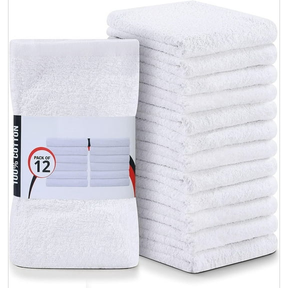 Kitchen Bar Mop, 12 Pack, 16 x 19 Inch, 100% Cotton Super Absorbent White Towels, Multi-Purpose Cleaning Towels for Home and Kitchen Bars