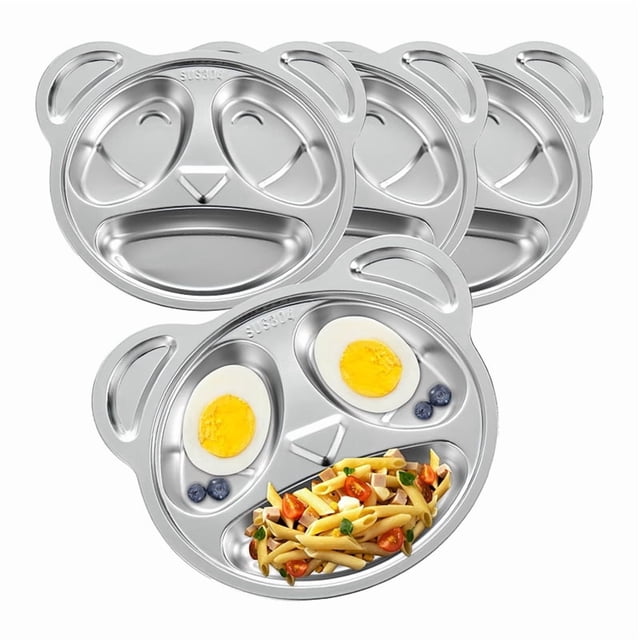 Lot de 4 Assiettes Compartimentées en Acier Inoxydable Assiettes Compartimentées en Métal 3 Sections Assiettes Panda pour Mangeurs Difficiles, Adultes Enfants, Régime