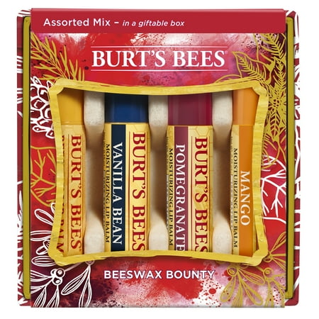 - Burt's Bees Beeswax Bounty Assorted Lip Balm Holiday Gift Set, 4 Lip Balms - Vanilla Bean, Pomegranate, Mango and Original Beeswax
