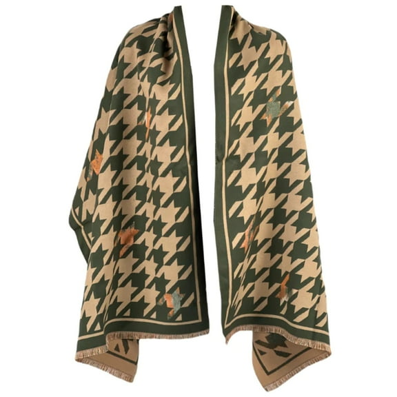 Elegant Olive Houndstooth Scarf with Jacquard Detail and Solid Border