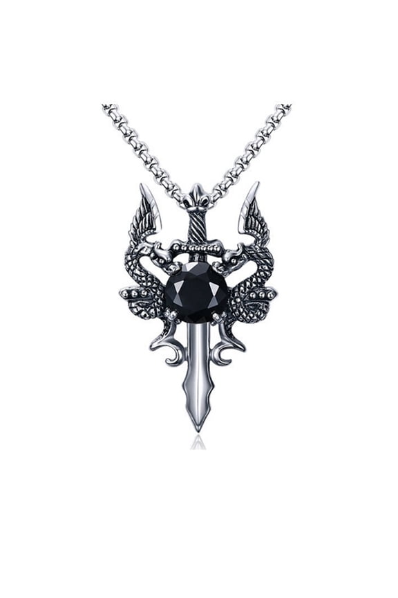 Dragon Sword Necklace for Men or Women Stainless Steel Black Cz Gothic Ginger Lyne Collection