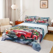Manfei Vintage Rustic Truck Twin Sheet Sets, Christmas Tree Gift Twin Fitted Sheet, Cartoon Winter Snowman Flat Sheet, Breathable Home Decor, 3pcs