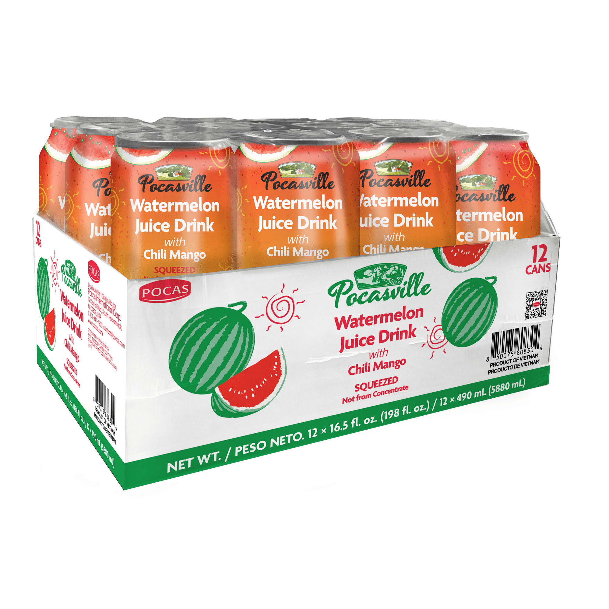 Pocasville Fruit Juices, Squeezed Not From Concentrate, 16.5 Fluid Ounce Can (Watermelon with Chili Mango, 12 Cans)