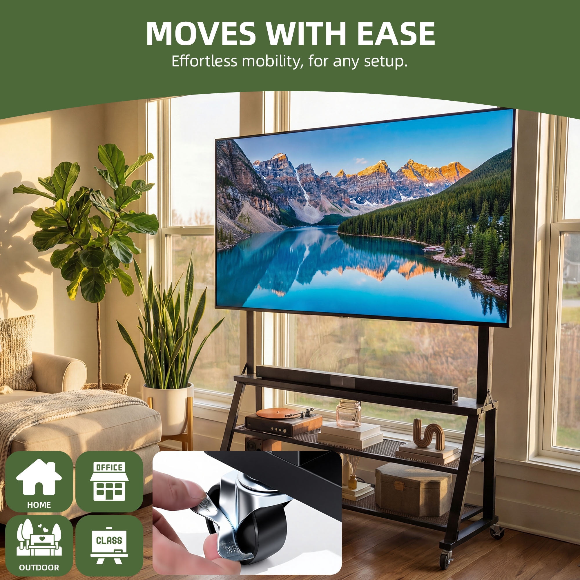 Uforic 46"W Rolling TV Stand with Lockable Wheels & Power Outlets, Mobile Cart for 32-75 Inch TVs, Black Oak