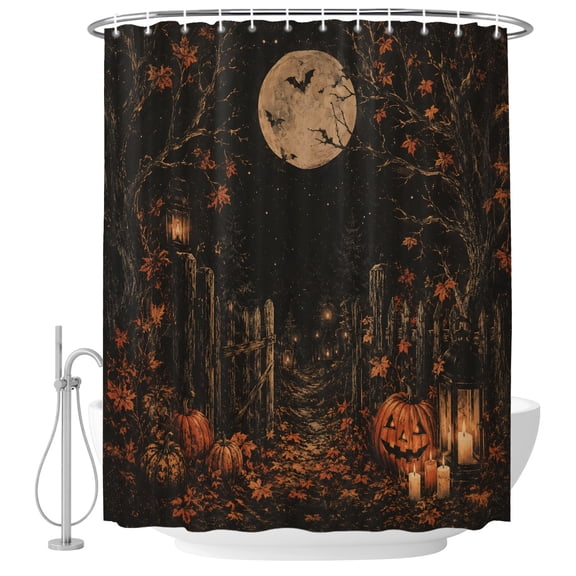 54x78 Inch Shower Curtain Decorative Maple Leaves Halloween Bathtub Bath Curtains Fabric Waterproof Bathroom Decor, Pumpkin Black Farmhouse Small Stall Shower Curtain Set with 12 Hooks
