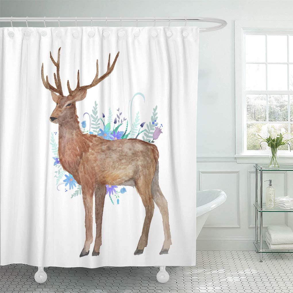 Cynlon Brown Forest Watercolor Realistic Deer And Floral Posy Vintage Bathroom Decor Bath Shower Curtain 66x72 Inch Walmartcom Walmartcom