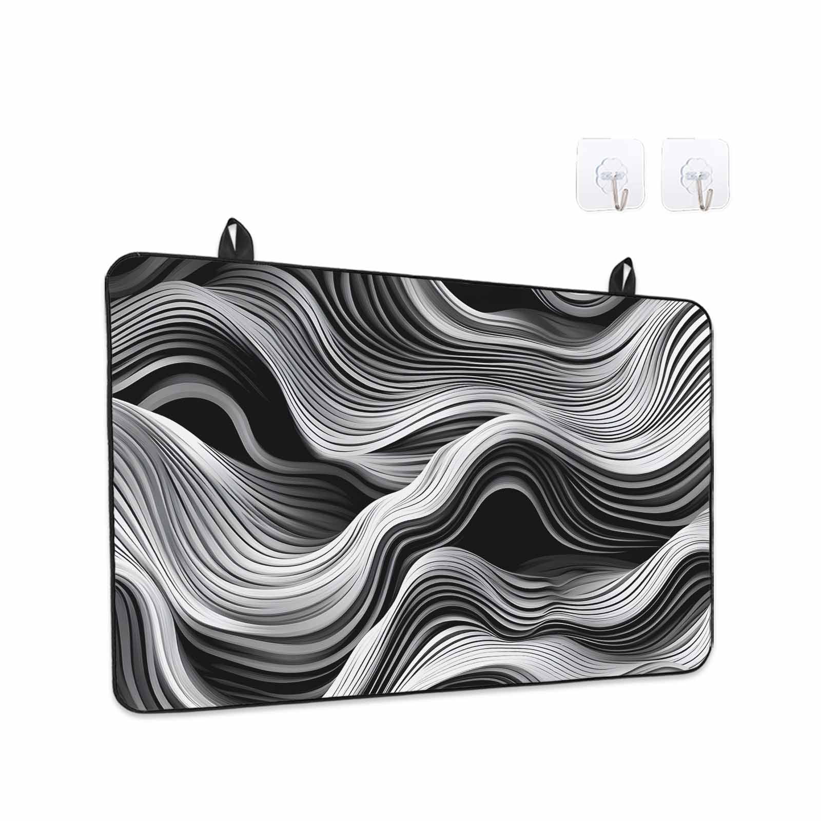 Abstract Waves Stove Top Cover for Electric Stove, Heat-proof & Non Slip Glass Top Stove Cover Protector, Black Grey Modern Geometric Striped Kitchen Flat Cooktop Rubber Mat 24x21 Inches