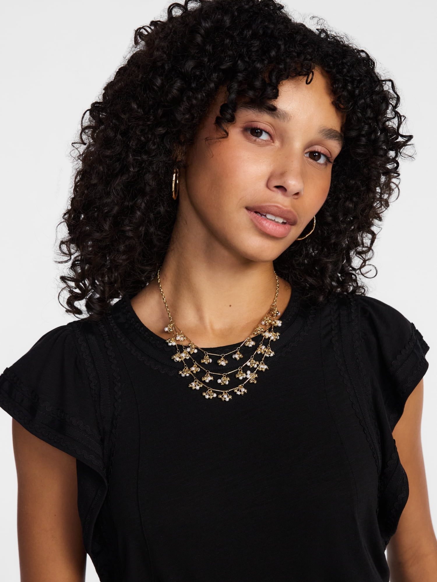 Scenario Women's Gold-Tone 3-Row Necklace with Faux Pearl Bead Clusters
