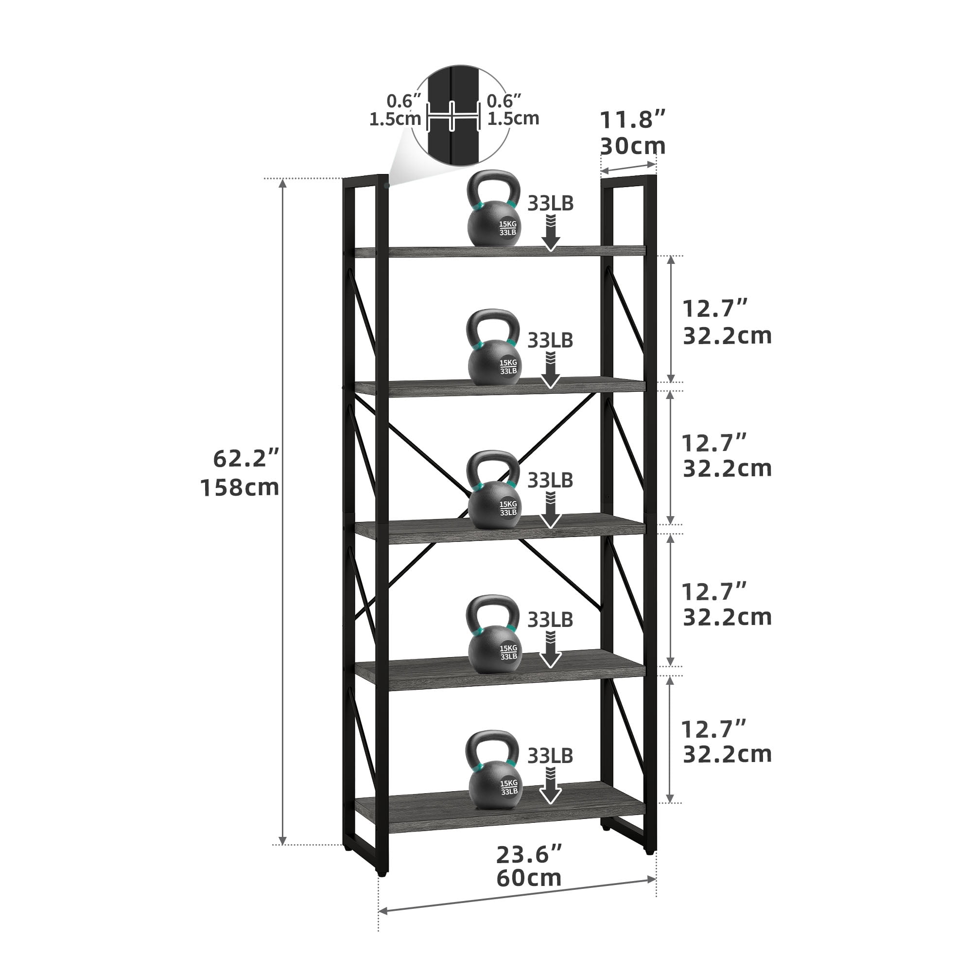 Dextrus 5-Tier Bookshelf, Ladder Bookcase, Industrial Freestanding Book Shelf Modern Open Display Storage Organizer Book Shelves for Bedroom, Living Room and Home Office, Gray