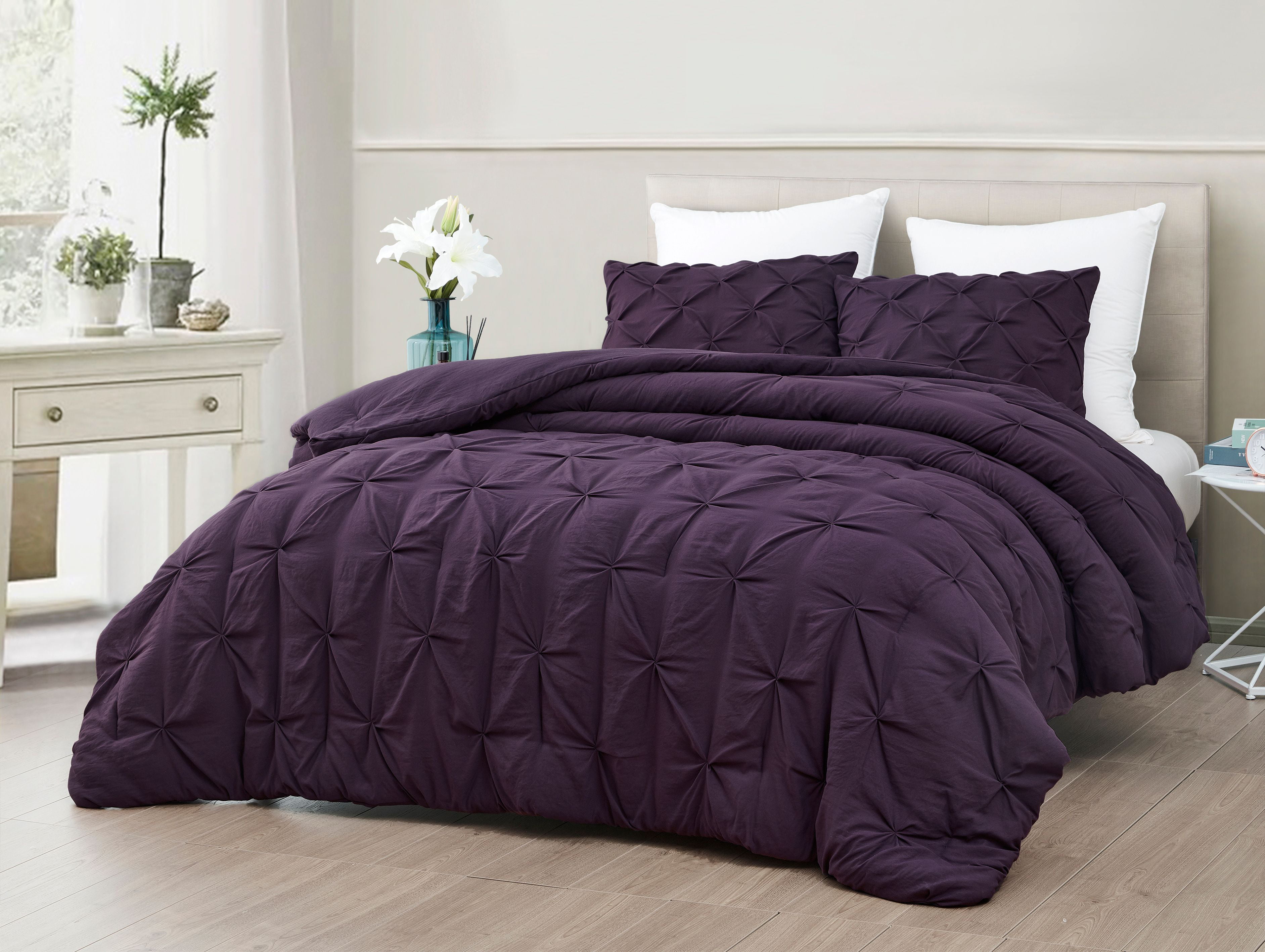 Mari 3pc Comforter Set Stonewashed Pinch Pleat Bed Cover Dark