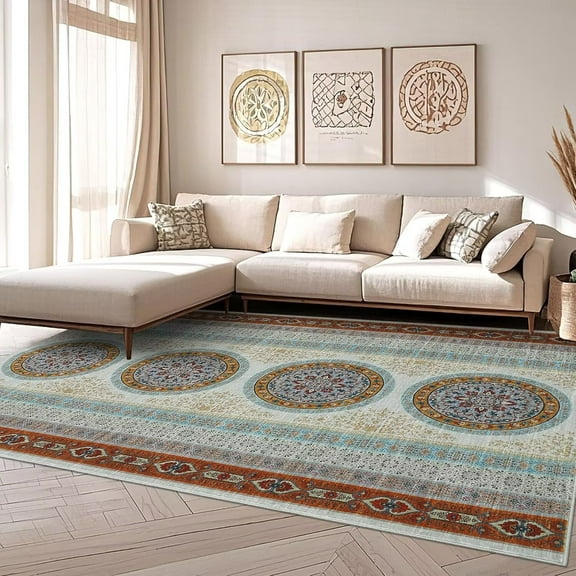 Hasoo Modern Washable Indoor Carpet 8' x 10' Orange Area Rug for Living Room Floral Damask Pattern Non-slip polyester Room Decor Rug