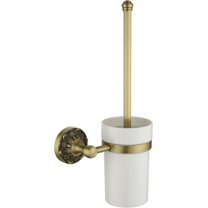 Antique Brass Toilet Brush and Holder, Bathroom Wall Mounted Toilet Bowl Brush with Canister, Vintage Gold Decorative Bathroom Accessories, Ceramic and Brass, Petal-Relief Series