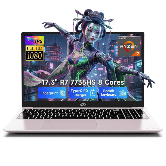 17.3" FHD Gaming Laptop 16GB DDR5 RAM 1TB SSD AMD Ryzen 7 7735HS (Beats i7-12650H, 8 Cores) with Radeon 680M 100W Type-C Wi-Fi 6E Backlit Keyboard Fingerprint RoseGold