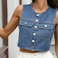 thumbnail image 6 of Uaswgudfs ​Cropped Denim Vest: Women's Autumn Collarless Button-Front Jacket with Chest Pockets - Sleeveless Fitted Style​, 6 of 8