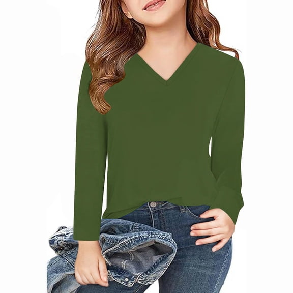V Neck Tops for Girls Boys Casual Long Sleeve T Shirts Teens Size 3-14 Solid Color Pullover Basic Going Out Loungewear Tees Top
