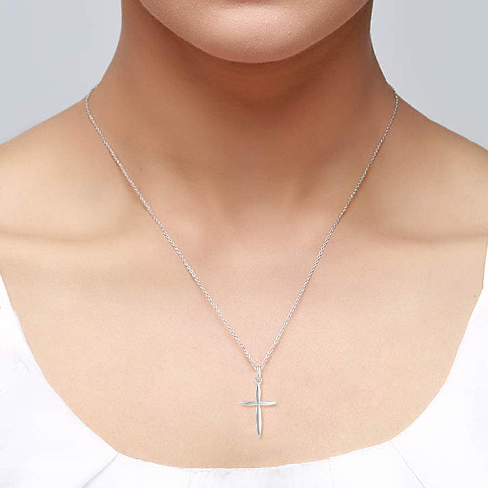 LeCalla 925 Sterling Silver Timeless Classic Cross Pendant Necklace with Cable Chain, 18+2 Inches