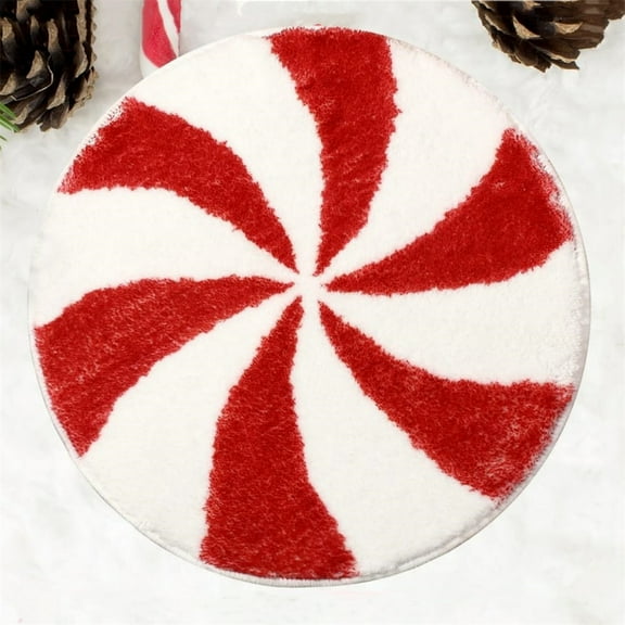Scheam 1 Pcs Round Christmas Rugs Red White Candy Bathroom Mats Small Washable Non Slip Doormat Winter Plush Area Rugs with Backing,for Living Room Bedroom Tub Decor 15.7 inch