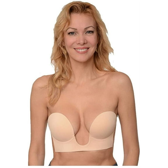 BRAZA BRA Beige Deep Plunge Strapless Backless Adhesive Bra, US B, NWOT