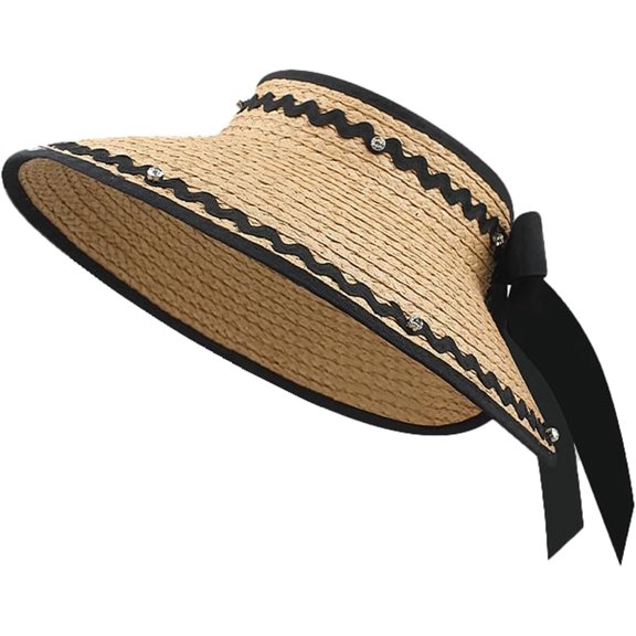 Wide Brim Straw Visor Sun Hat for Women UV Protection Bow Tie Hat Foldable Beach Hat