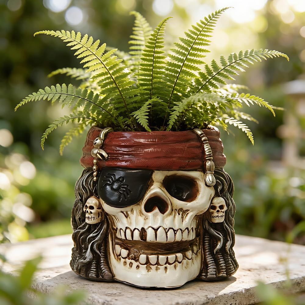 Pirate Skull Planter Flowerpot with Drainage Hole for Gothic Home Decor