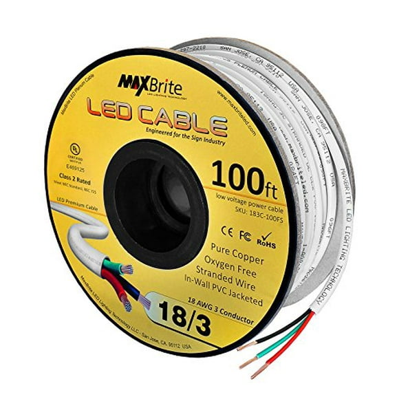 Câble LED Basse Tension 18AWG 3 Conducteurs Manchon Blanc Fil de Haut-Parleur Mural UL/cUL Classe 2 (Enrouleur 100 Pieds)
