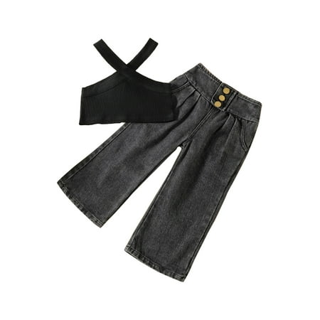 

Musuos Baby Girls Sleeveless Halter Rib Knitted Crop Tops Wide Leg Jeans Denim Pants