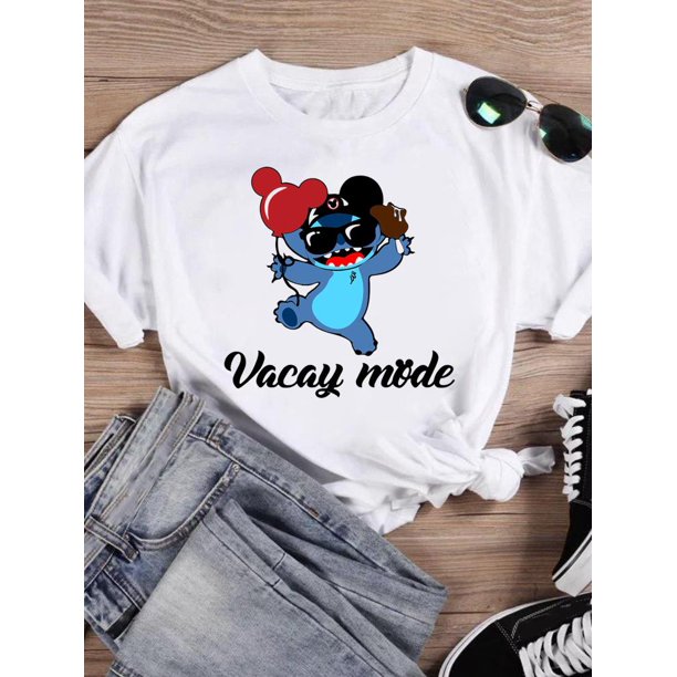 Disney Watercolor Lovely Style Short Sleeve Women Print Clothing Stitch Casual Tee Shirt Fashion Cartoon Graphic T-shirtsL Gao Jinjia LED