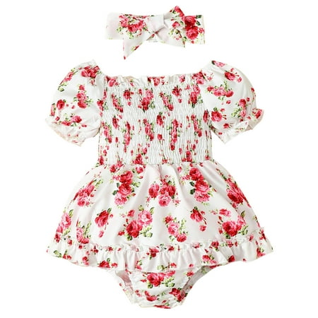 

Toddler Baby Girls Climbing Clothes Short Sleeve Floral Print Romper Jumpsuit Bodysuits Clothes Headbands For 6-9 Months