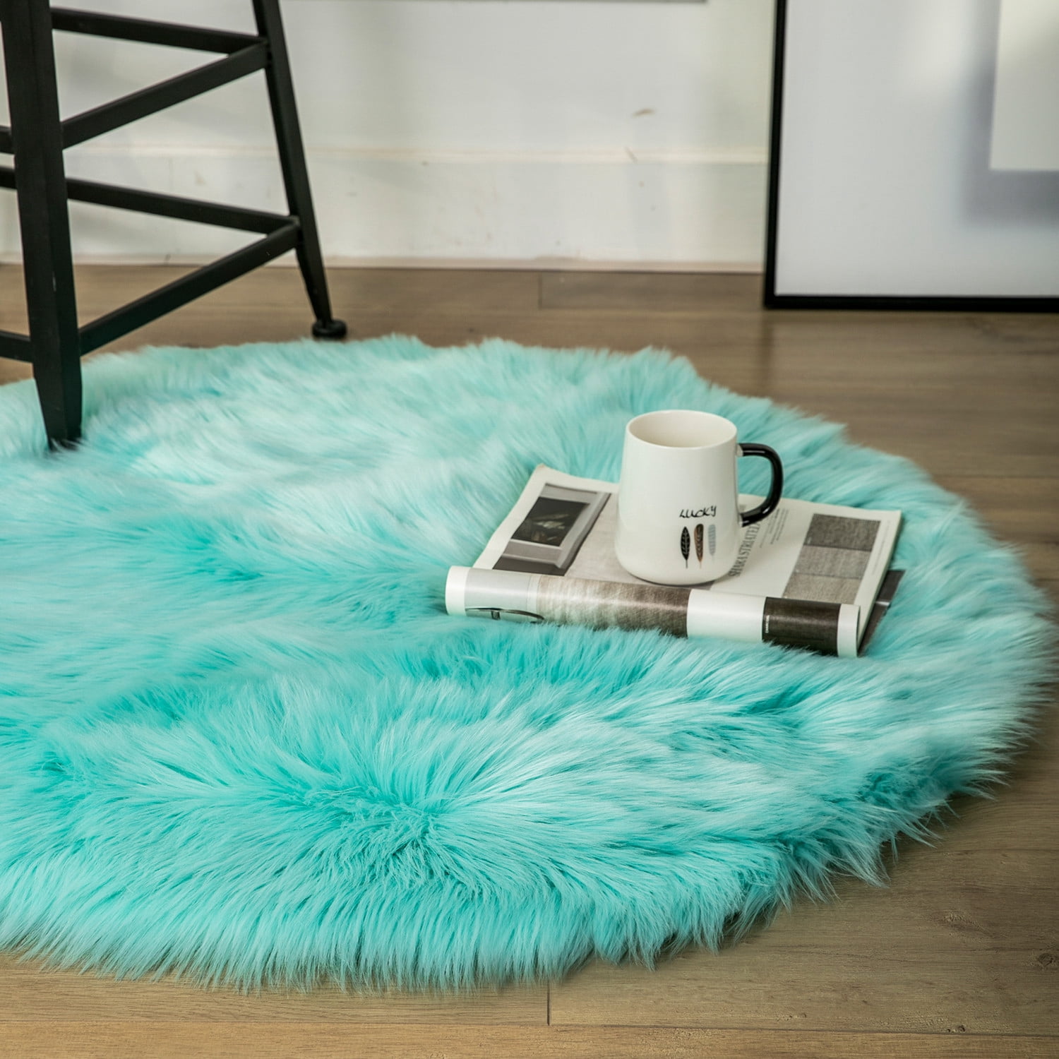 Deluxe Ultra Soft Faux Sheepskin Fur Series Fluffy Decorative Indoor Shag Area Rug, 3 x 3 Feet Round, Turquoise, 1 Pack