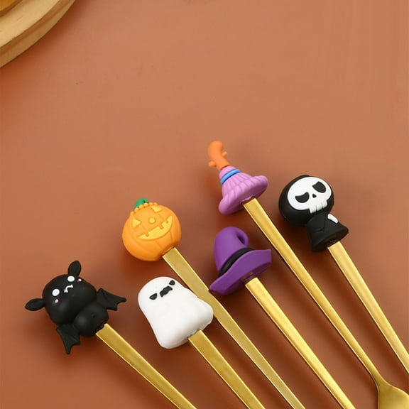 Halloween Stainless Steel Dessert Spoon - Single Sale, Pumpkin/Bat/Witch Hat Themed Tableware for Home & Coffee Bar A