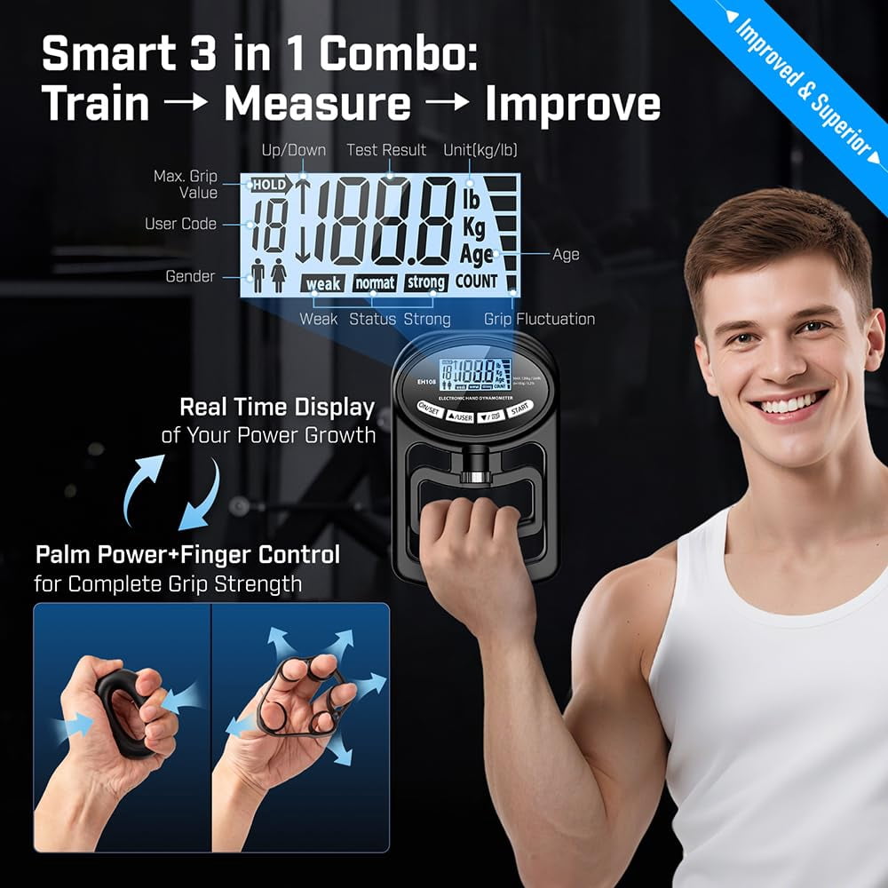Electronic Hand Grip Strength Tester Trainer Digital Hand Dynamometer Forearm Grip Strength Exerciser 265 lbs 120 kg Training Gauge for Sport Home School Use
