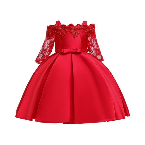 Vestido Para Niñas, Ropa Para Niñas Pequeñas, Encaje Bordado De Color Sólido, Manga Corta, Lazo, Vestido De Fiesta De Cumpleaños, Vestidos Para Niños, Rojo Odeerbi LM103-3660