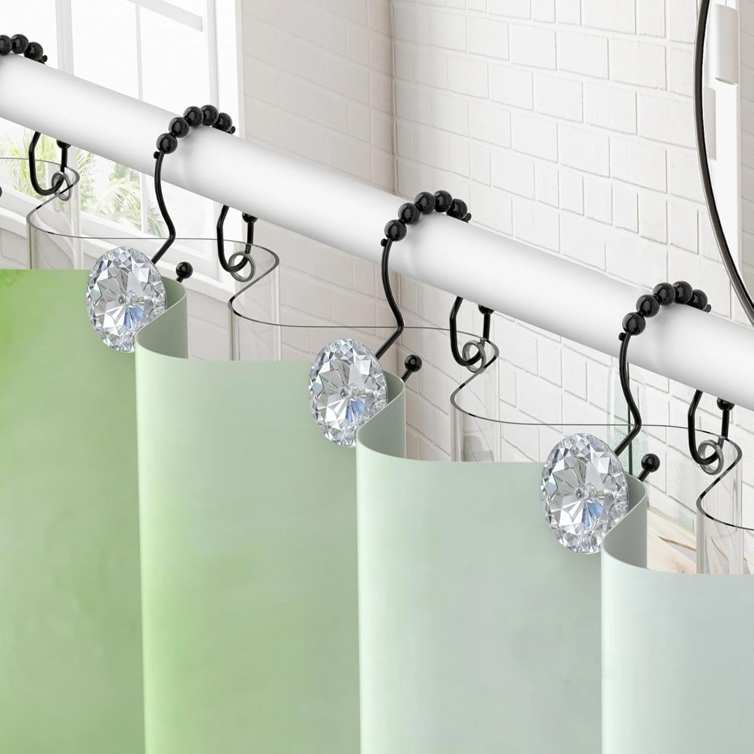 Shower Curtain Hooks, Crystal Shower Curtain Rings, Stainless Steel Black Shower Curtain Hooks, Metal Shower Curtain Hangers, Decorative Double Shower Hooks for Shower Curtain & Liner, Black